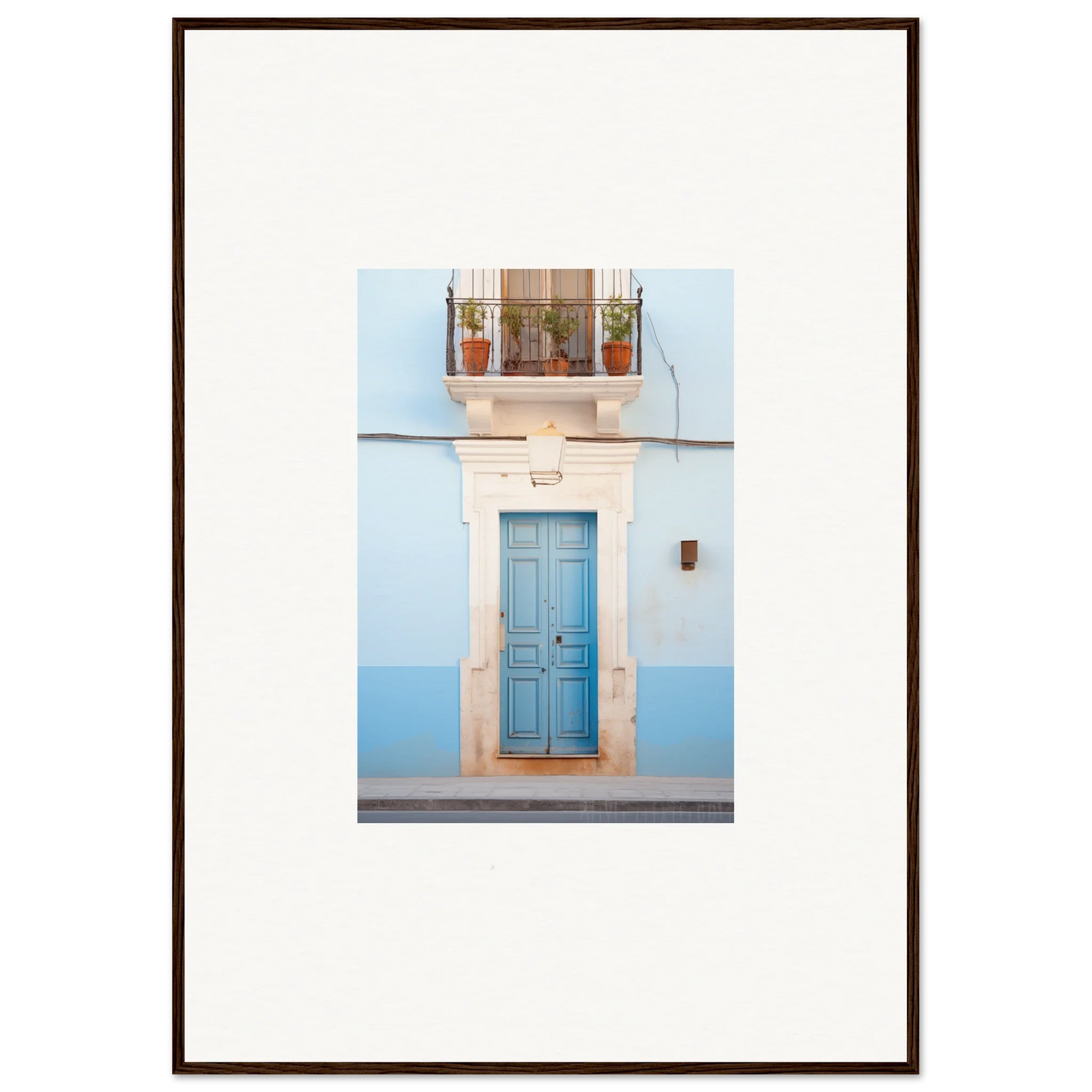 Light blue wooden door with a white frame and balcony for Ethereal Azul Entrance art