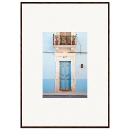 Light blue wooden door with a white frame and balcony for Ethereal Azul Entrance art