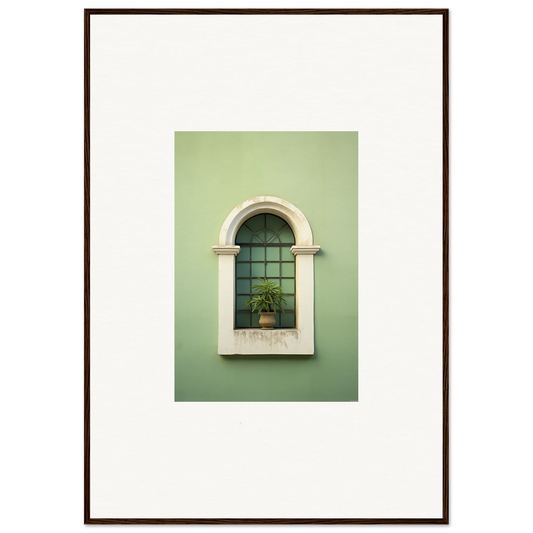 Arched window with white trim and plant in Eggshell PandæmonIA Bliss framed wall art