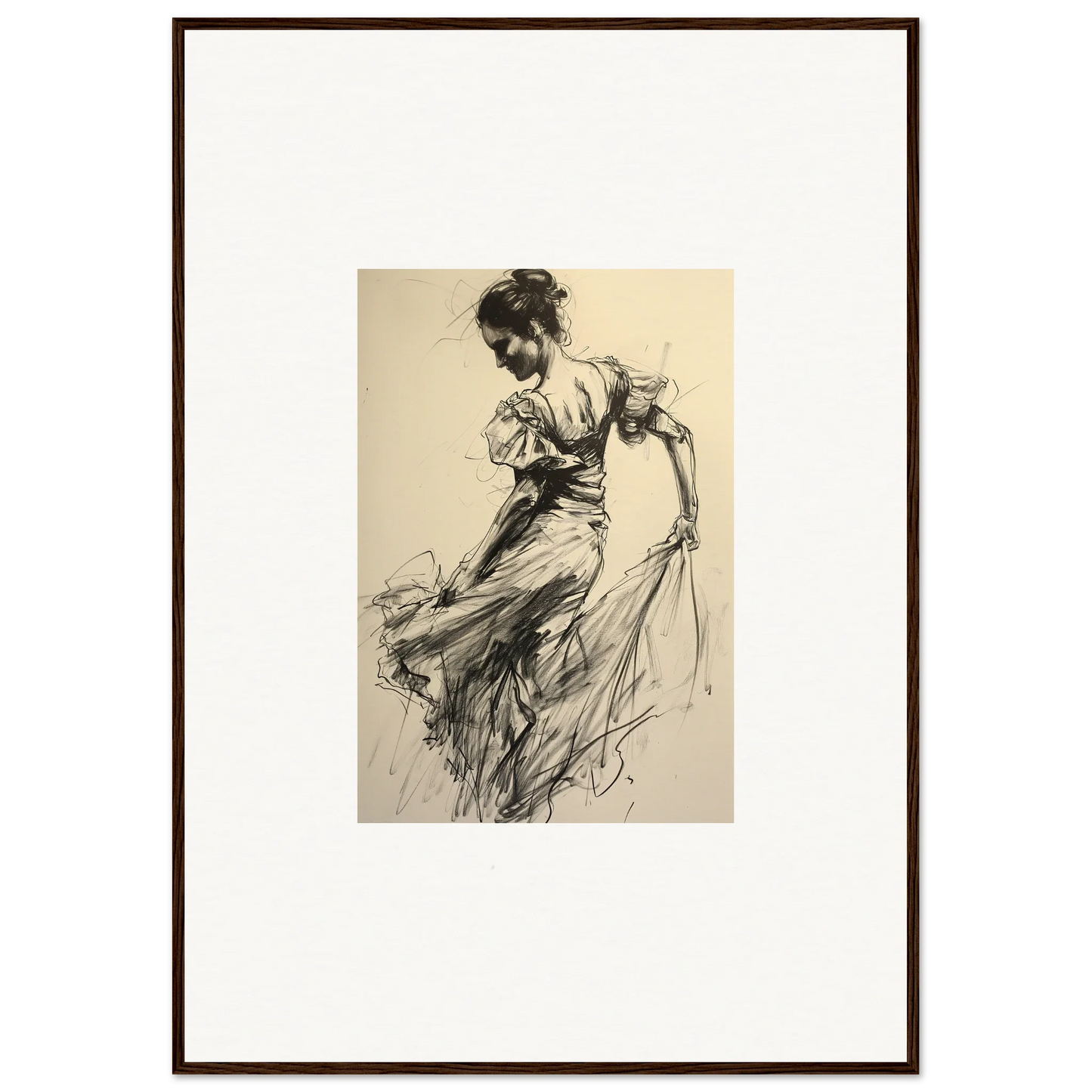 Vintage sketch of a woman in flowing dress for Gyroscopic Baudelo Bacon framed wall art