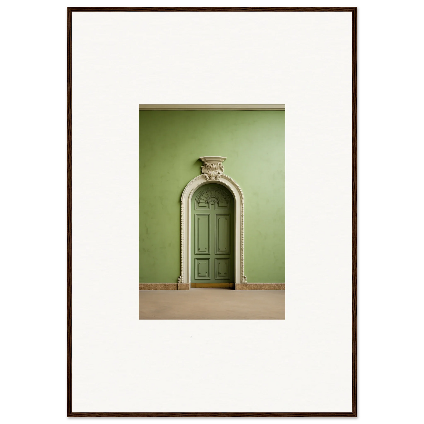 Ornate arched doorway with mint green door in Verdant Illusion Sphere framed wall art