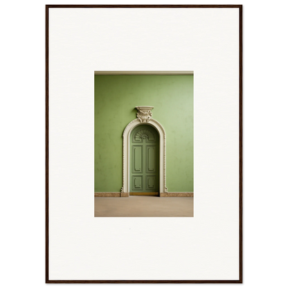 Ornate arched doorway with mint green door in Verdant Illusion Sphere framed wall art