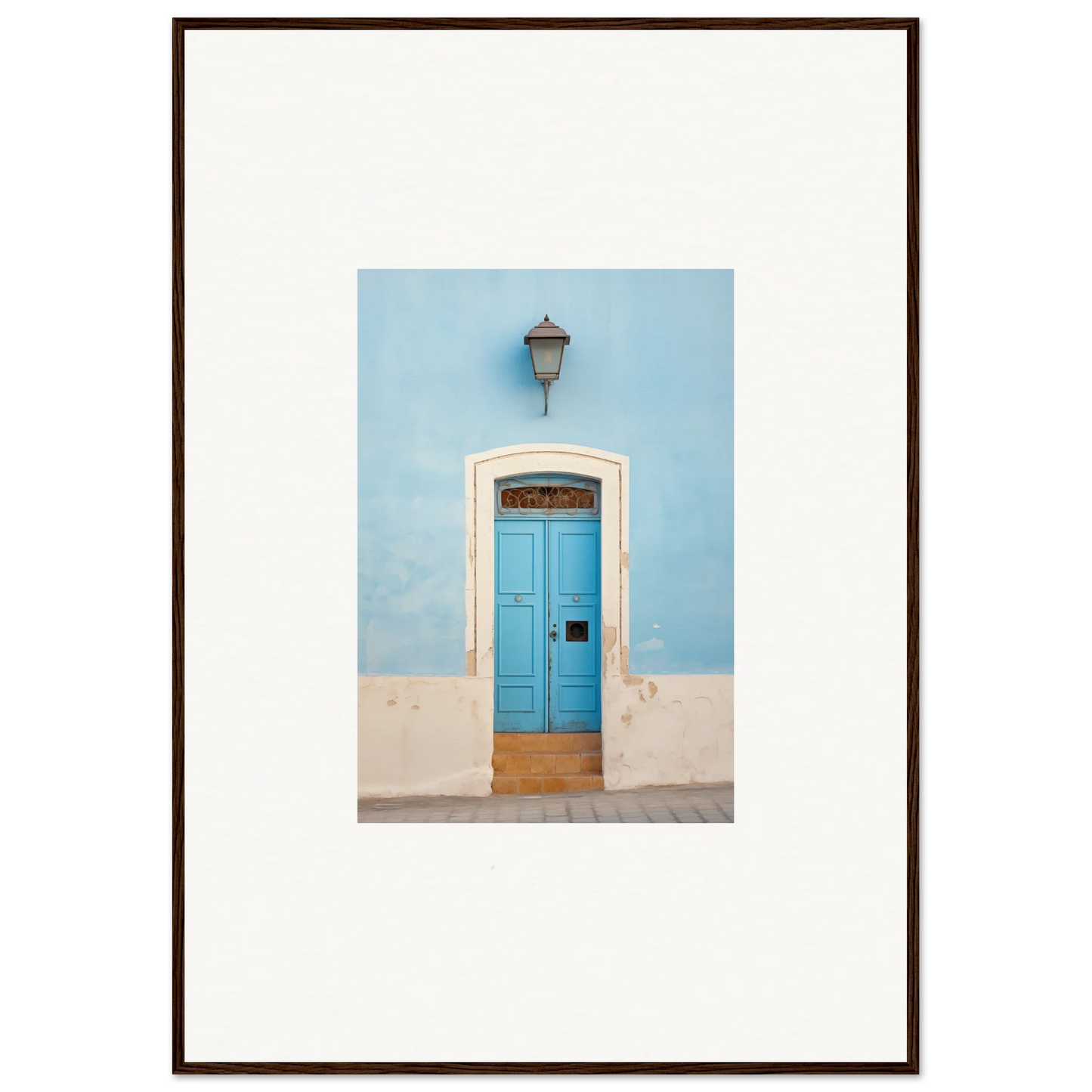 Bright blue wooden door with white trim, perfect for Surreal Azure Vesaurrezz art