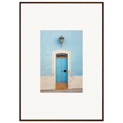 Bright blue wooden door with white trim, perfect for Surreal Azure Vesaurrezz art