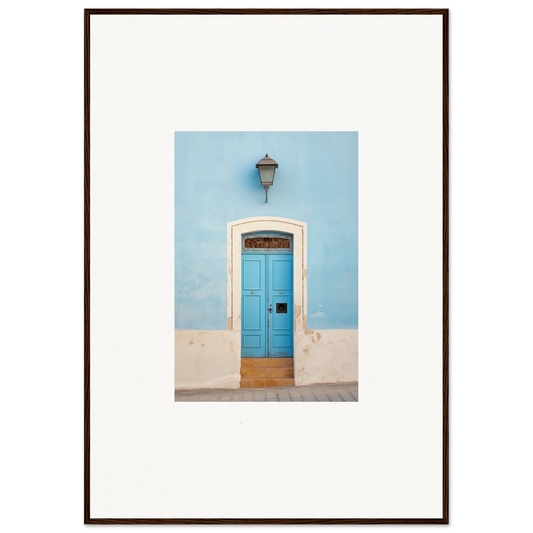 Bright blue wooden door with white trim, perfect for Surreal Azure Vesaurrezz art