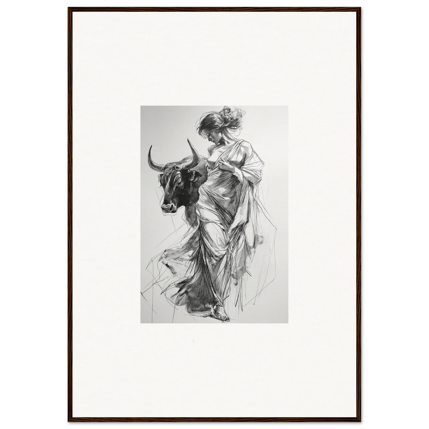 Black and white sketch of a figure in flowing robes and a bull for Splashing Gaze Melds