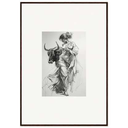 Black and white sketch of a figure in flowing robes and a bull for Splashing Gaze Melds