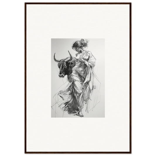 Black and white sketch of a figure in flowing robes and a bull for Splashing Gaze Melds