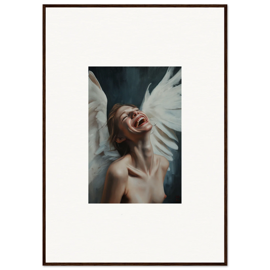 Framed canvas print of Seraphic Euphoria wall art with a figure and white wings