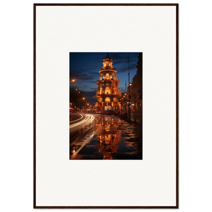 Luminous Neo’ici Dops framed wall art of bell tower reflection on wet street at night