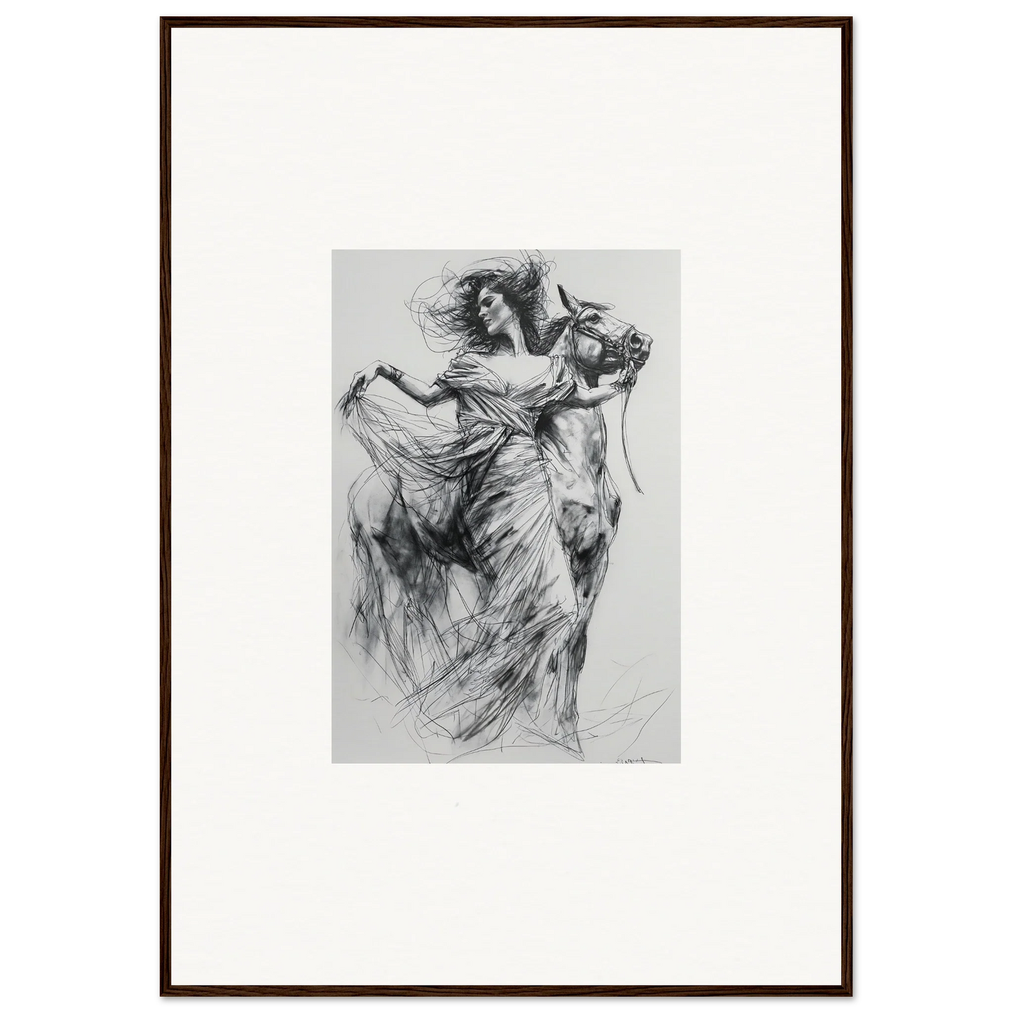 Dramatic charcoal sketch of a dancer in motion from Equestrian Ether Euphoria art