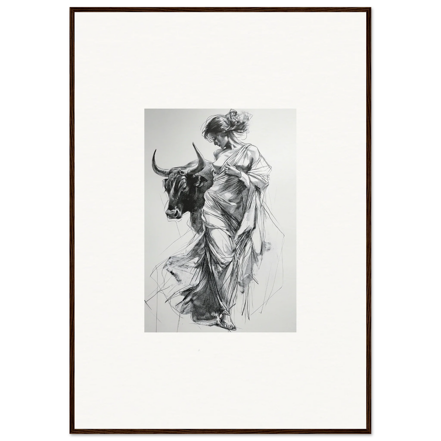 Black and white sketch of robes figure with bull, part of Reverie of Zephyr special edition art™