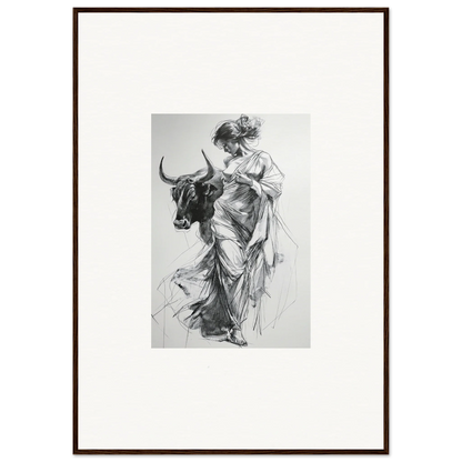 Black and white sketch of robes figure with bull, part of Reverie of Zephyr special edition art™