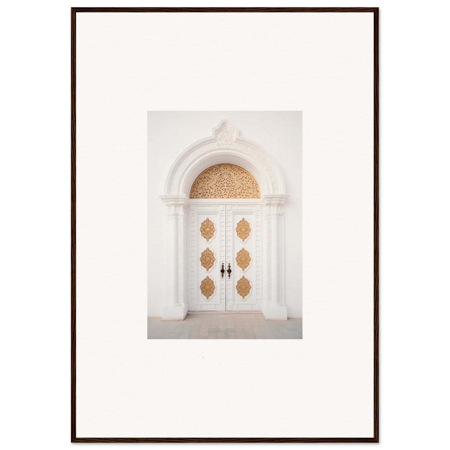 Elegant white double doors with gold medallions in Gilded Mirage Passage art