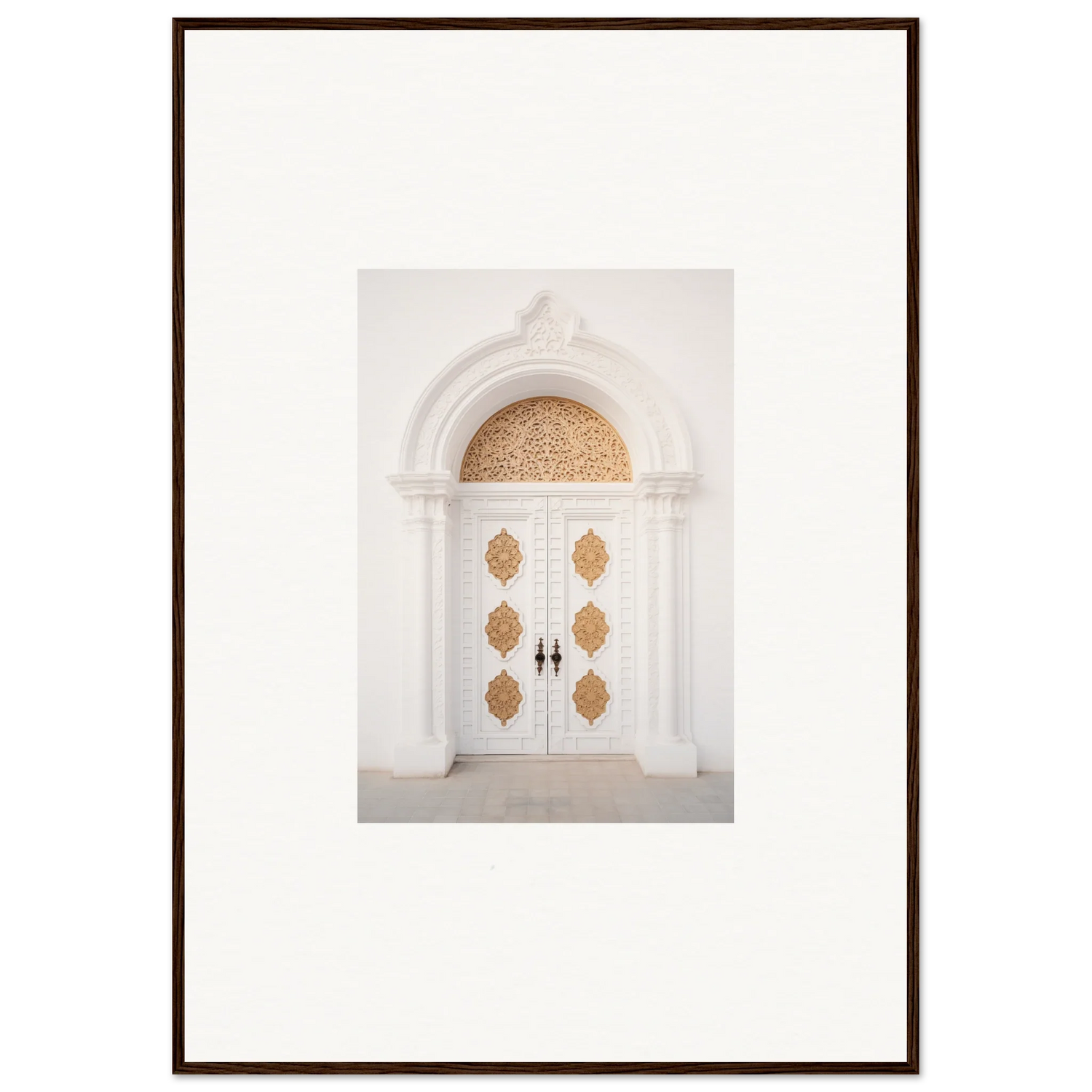 Elegant white double doors with gold medallions in Gilded Mirage Passage art