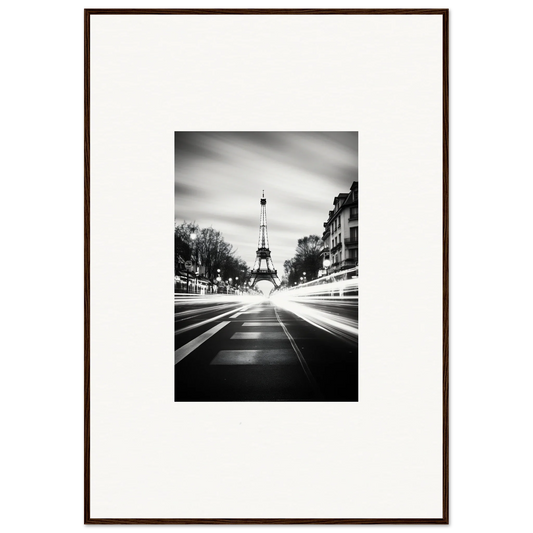 Black and white Eiffel Tower street view for Synth Wave Elysium framed wall art