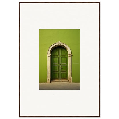 Arched green wooden door with stone trim for Vert Barcode Reverie special edition art™