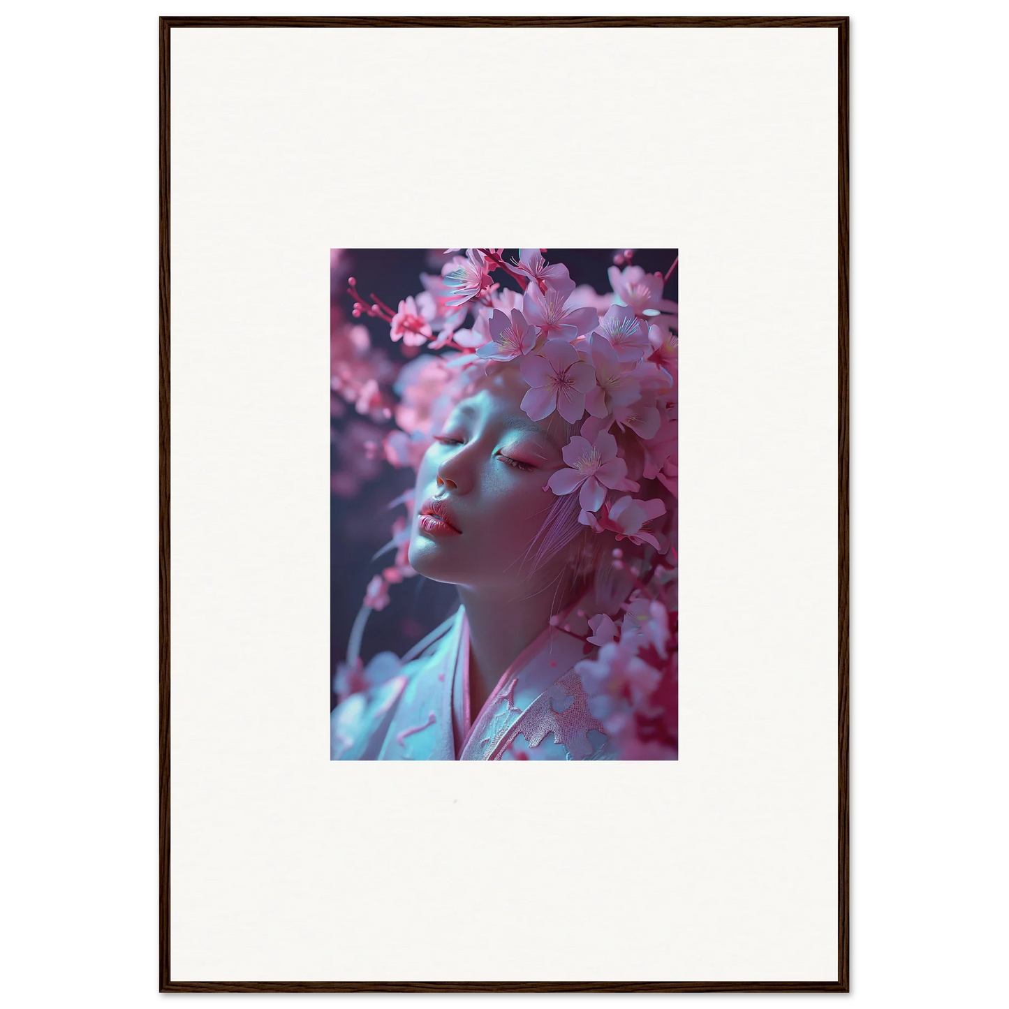 Framed wall art of cherry blossoms partially obscuring a face, perfect for room decoration