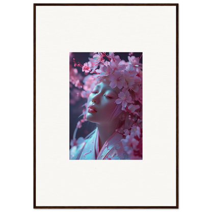 Framed wall art of cherry blossoms partially obscuring a face, perfect for room decoration