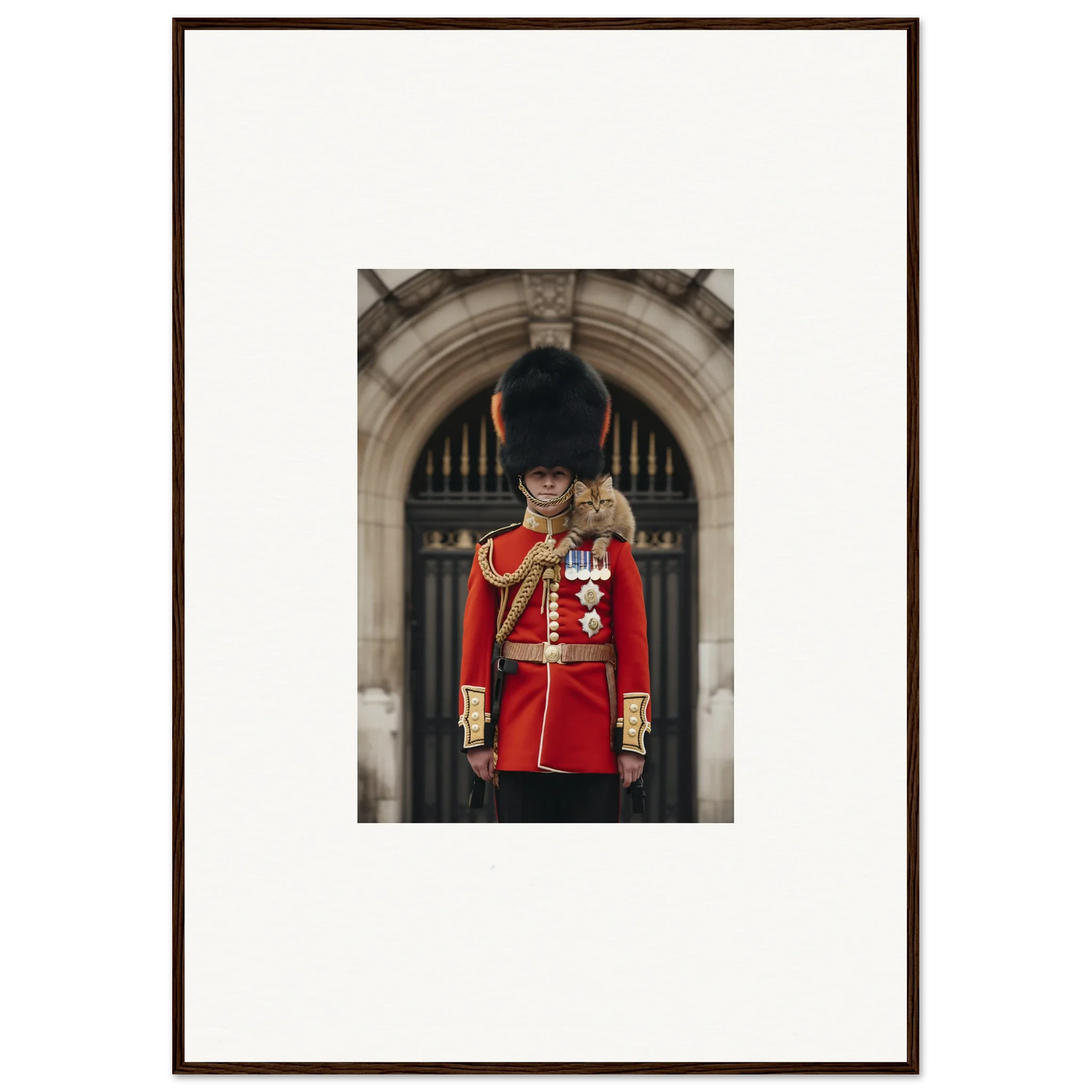 Royal guard in bearskin hat and red tunic featured in Royal Red Reverie framed wall art