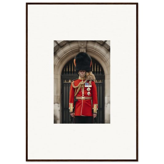 Royal guard in bearskin hat and red tunic featured in Royal Red Reverie framed wall art