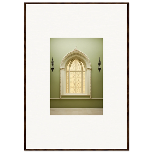 Gothic-arched window with lace curtains in Opalescent Tranquility Dwelling art