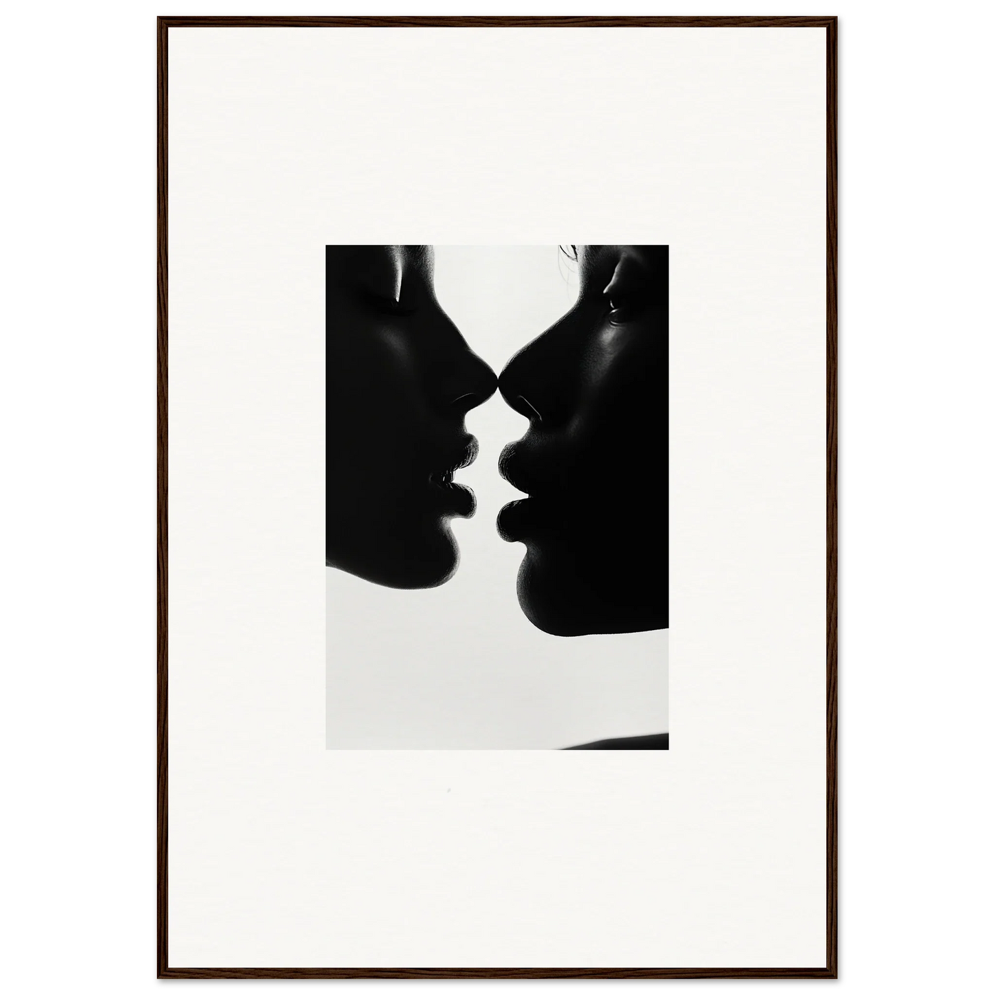 Two silhouetted profiles in a near-kiss for Nights Echoes framed art