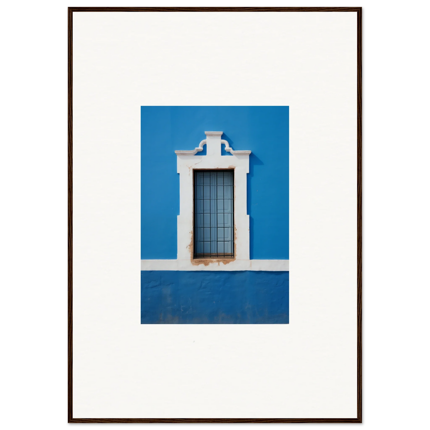 White-framed window with bars on a blue wall from Liquid Azure Quest special edition art™