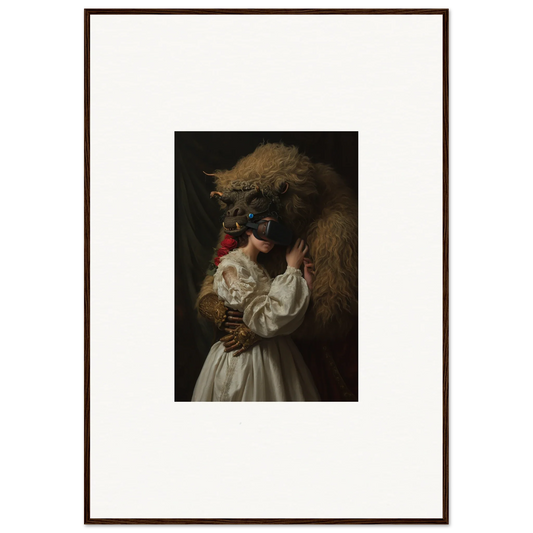 Ornate Venetian mask and white dress in Tender Mirage Embrace framed poster art