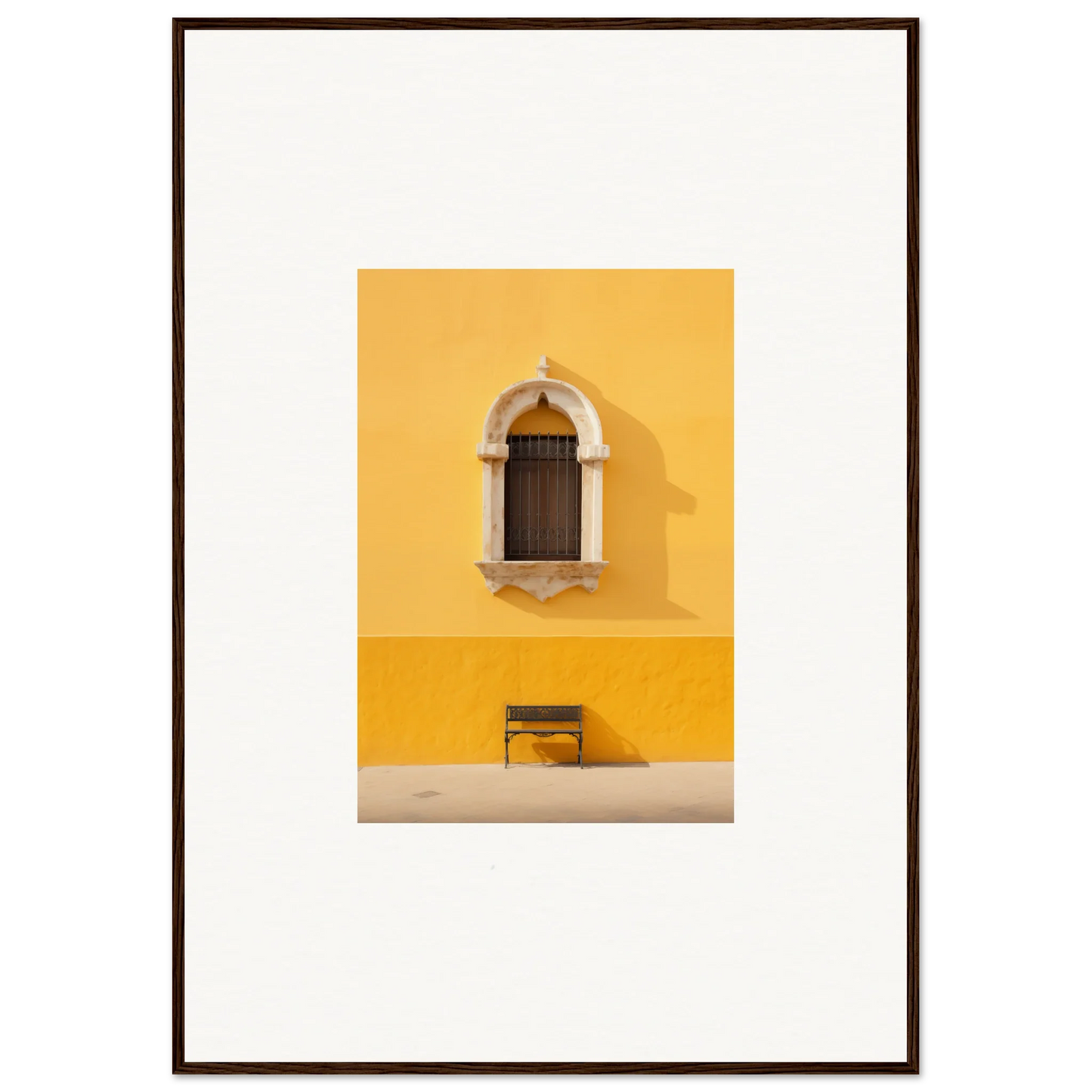 Wooden arched window art on yellow wall above bench in Gapes of Gargoyles special edition art