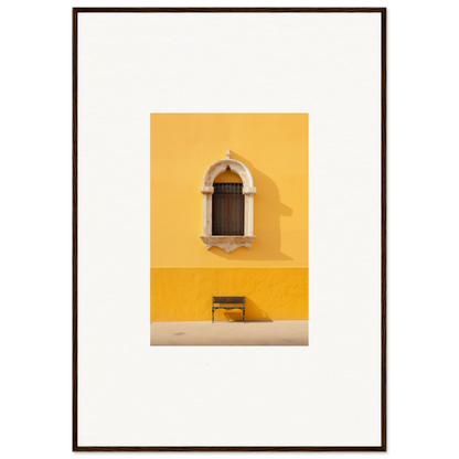 Wooden arched window art on yellow wall above bench in Gapes of Gargoyles special edition art