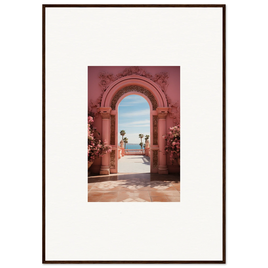 Ornate pink archway in Elixir Heaven art framing palm trees and ocean view