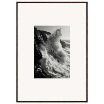 Powerful ocean wave crashing on rocky cliffs in Tempest Winks Reverie art piece