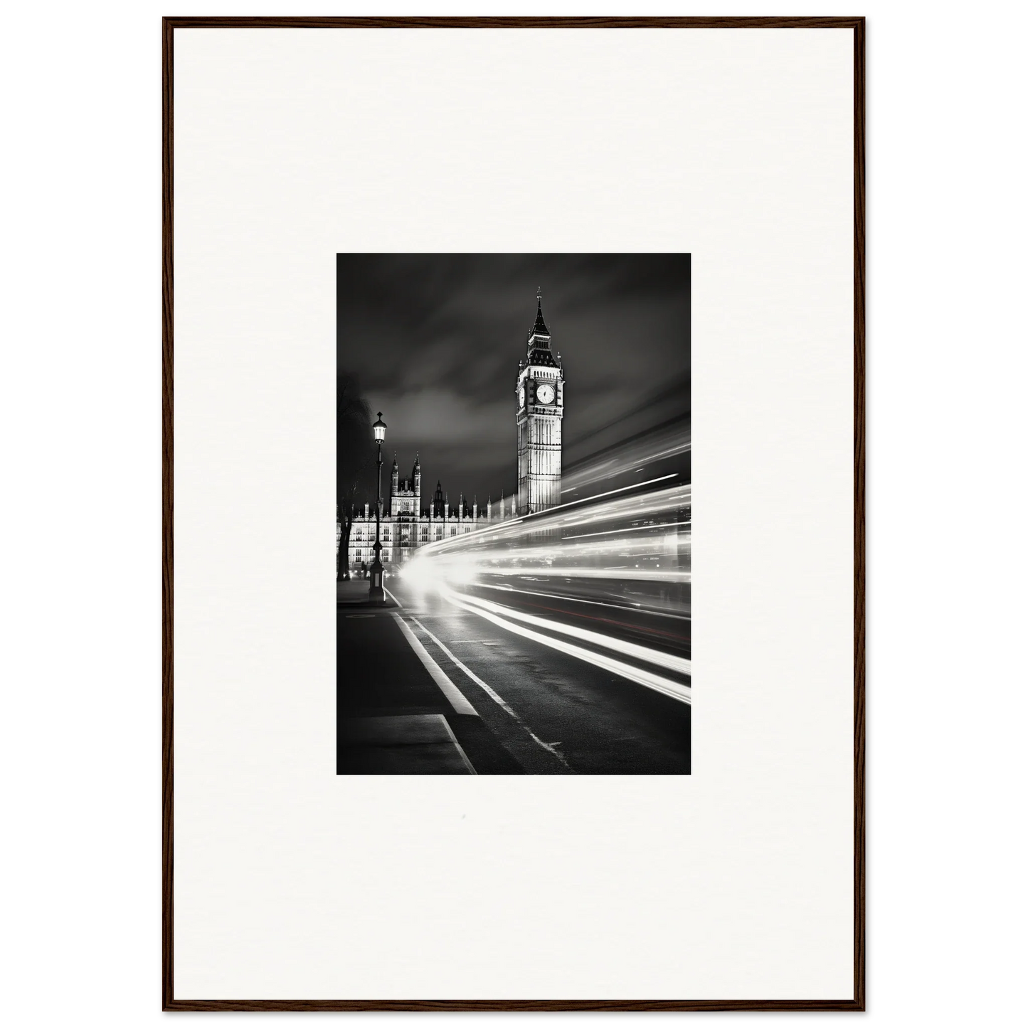 Black and white Big Ben photo with light trails, perfect for premium framed wall art