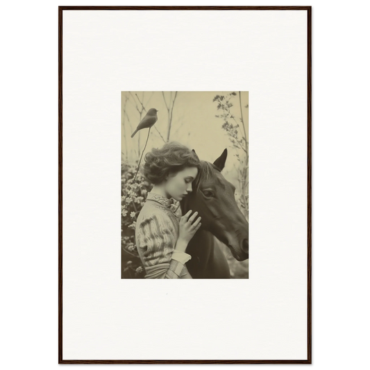 Framed vintage photograph of a woman with a horse for unique room decoration wall art