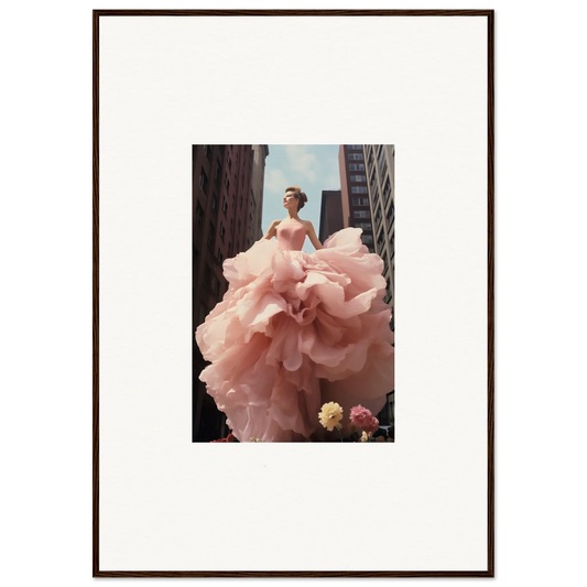 A figure in a pink ruffled gown that looks like a flower, showcasing Ruffled Whisper Fugue