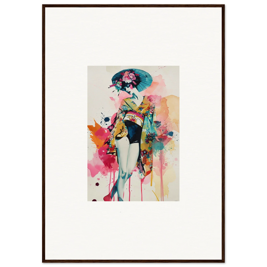 Vibrant abstract wall art of a woman in kimono, perfect for room decoration and canvas print