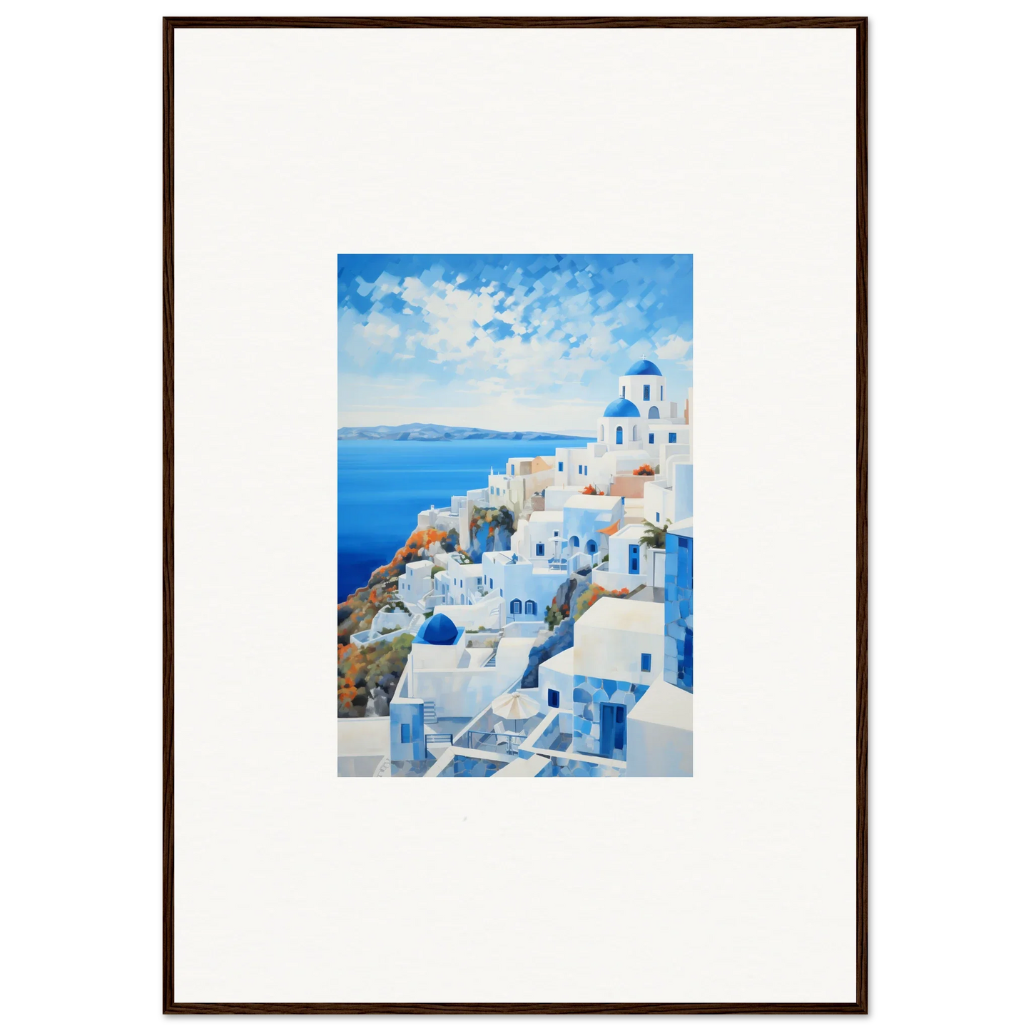 Framed watercolor of Santorini buildings in a special edition art for your wall