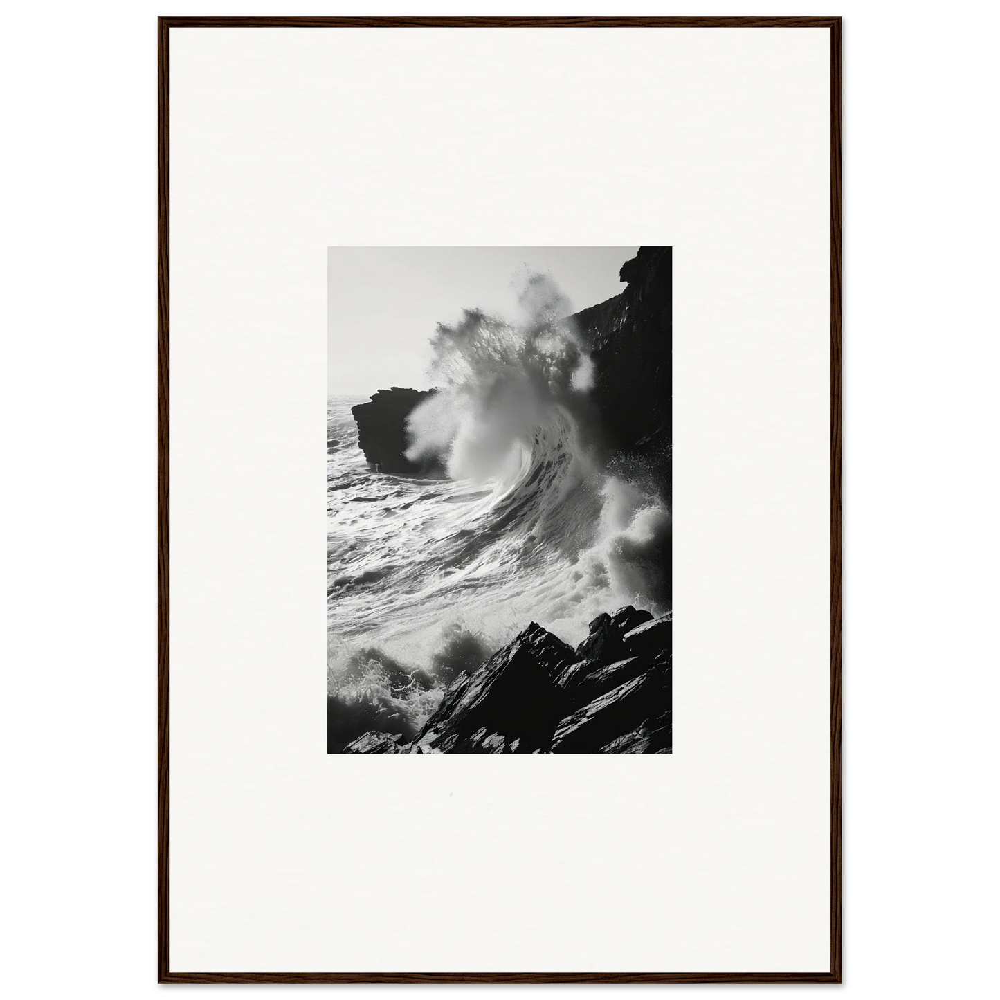 Powerful ocean wave crashing on cliffs in black and white for Incandescent Wave Tribute