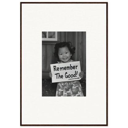 Black and white photo of a sign saying Remember The Good in Essence Savor Whispers framed wall art