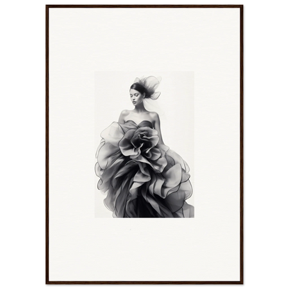 Elegant ruffled evening gown in black and white art from Ephemeral Orchard Whispers