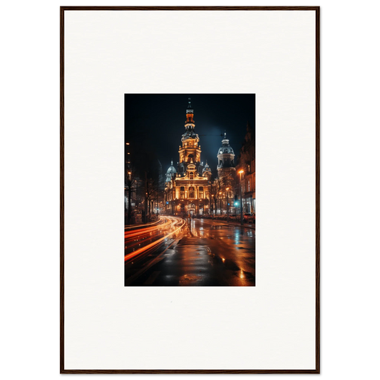 Illuminated ornate church at night in the rain, part of Midnight Highway Mirage collection