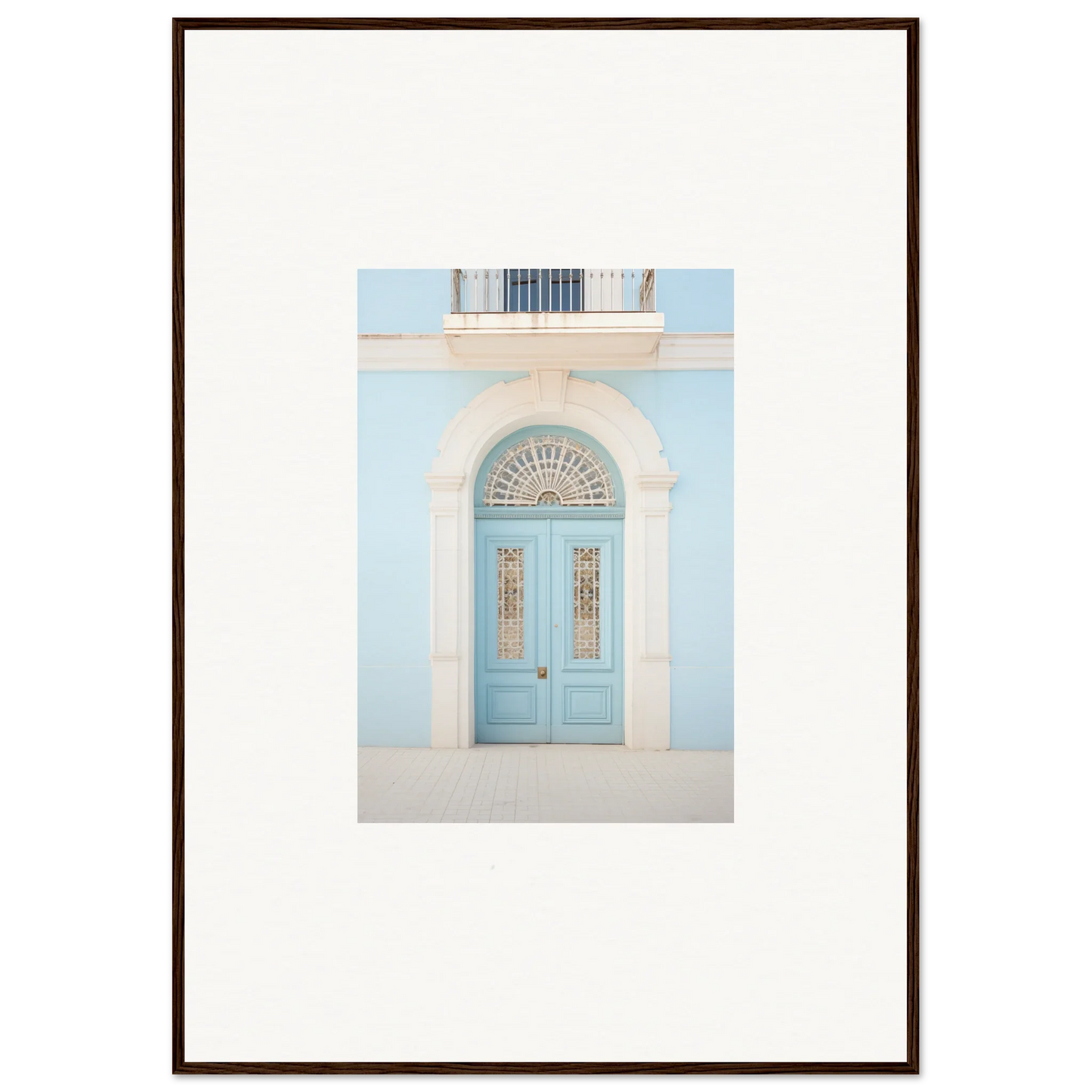 Light blue arched door with glass panels in Delphinium Dream Portal framed wall art