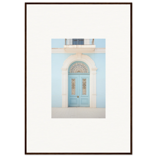 Light blue arched door with glass panels in Delphinium Dream Portal framed wall art