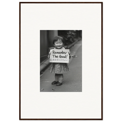 Vintage black and white photo of a Remember The Good sign in Whimsy Echo Memory art