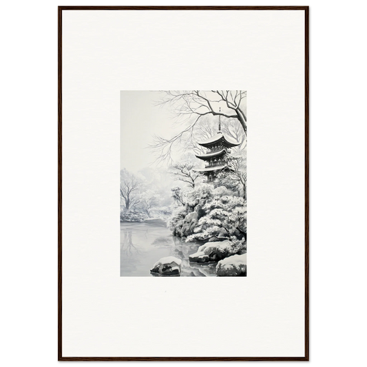 Framed wall art of a winter Japanese pagoda from the Crystallized Blossom Oasis collection