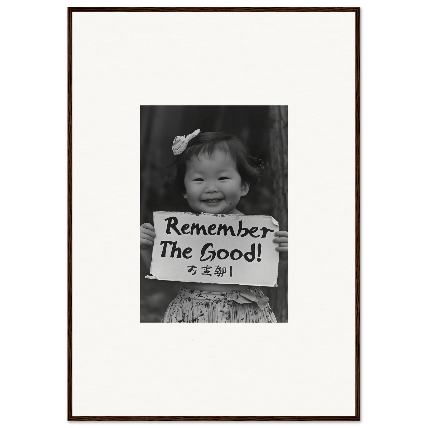 Black and white photo of a person holding a Remember The Good sign for Innocent Memory Echoes