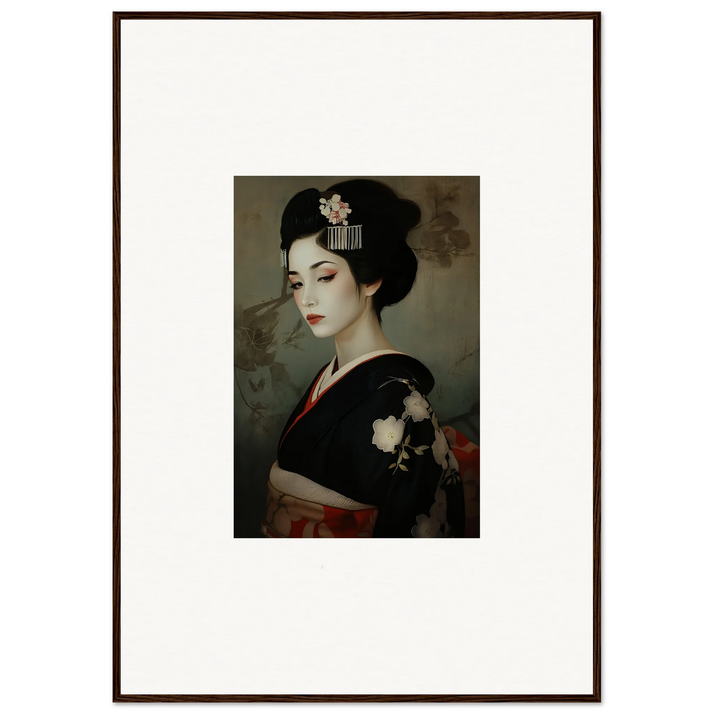 Portrait of a Geisha in a black floral kimono from Cherry Dream Surrealism art