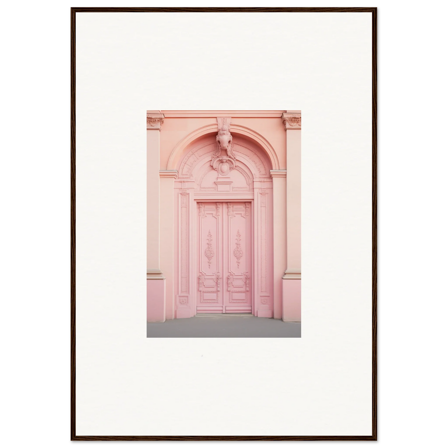 Pink ornate double door with arched frame showcasing Porphyr Pink Processions art™