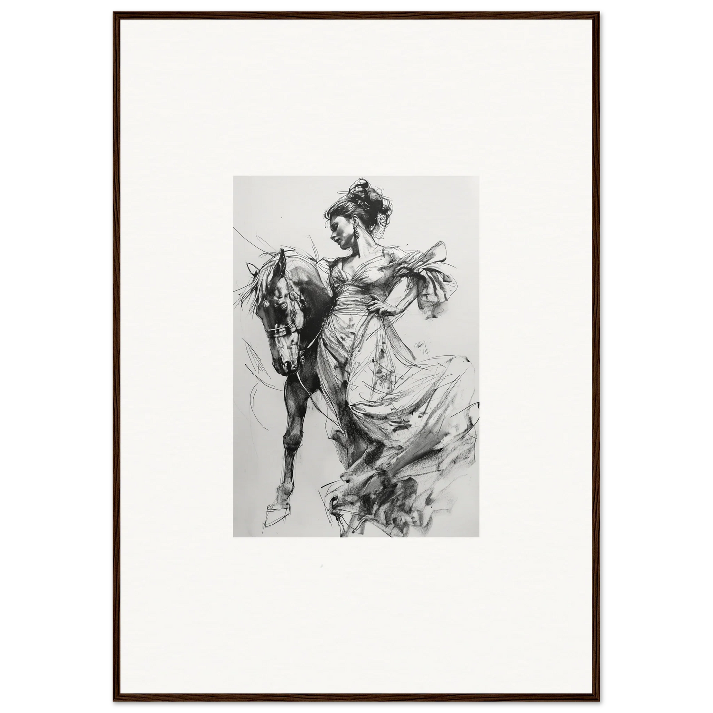 Black and white sketch of a figure on a horse, part of Thoughts Unbridled Dance collection